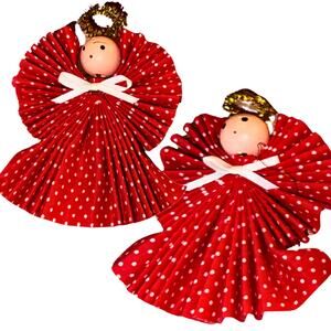Vintage Red Polka Dot Angel Ornaments – Set of 8 Handmade Angels